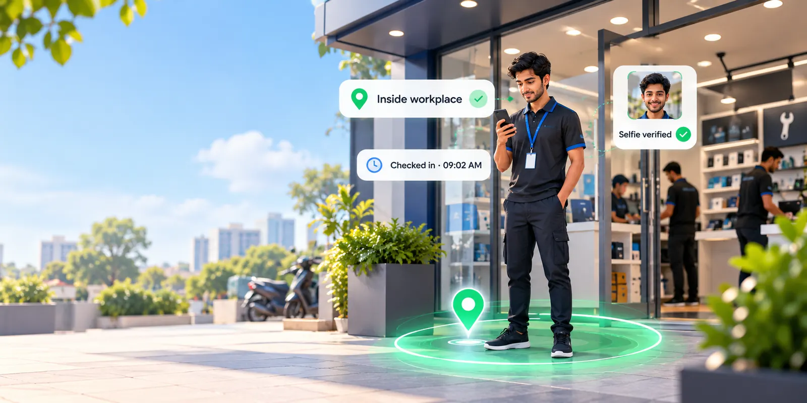 An employee outside a TechFix store checks in on his phone; the app shows inside workplace and checked in at 09:02 AM.