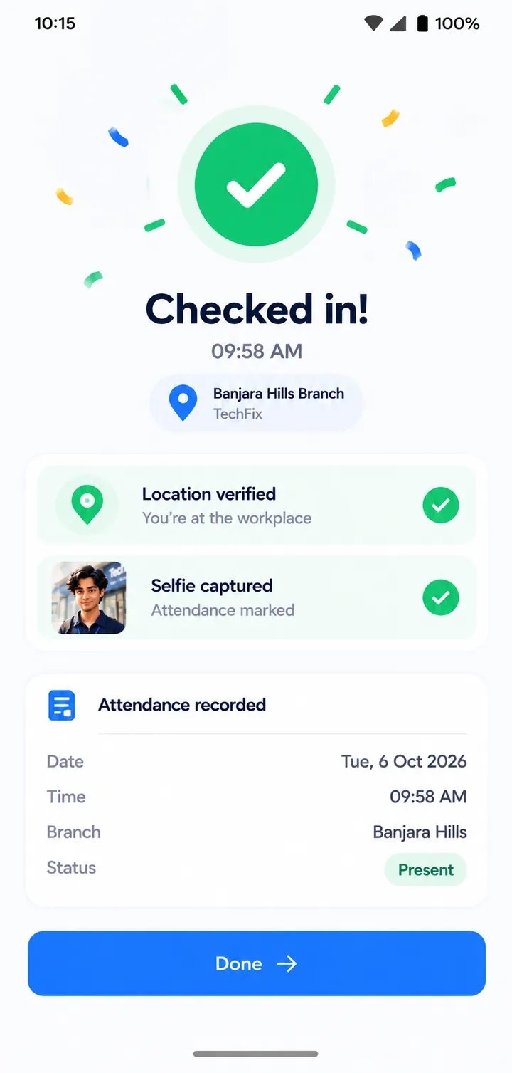 Checked in at 09:58 AM, Banjara Hills Branch. Location verified, selfie captured, status present.