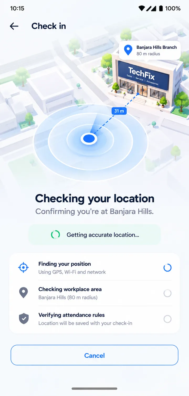 Check in screen: checking your location, confirming you are at Banjara Hills, 31 metres from the branch, 80 metre radius.